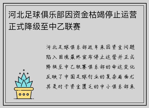 河北足球俱乐部因资金枯竭停止运营正式降级至中乙联赛